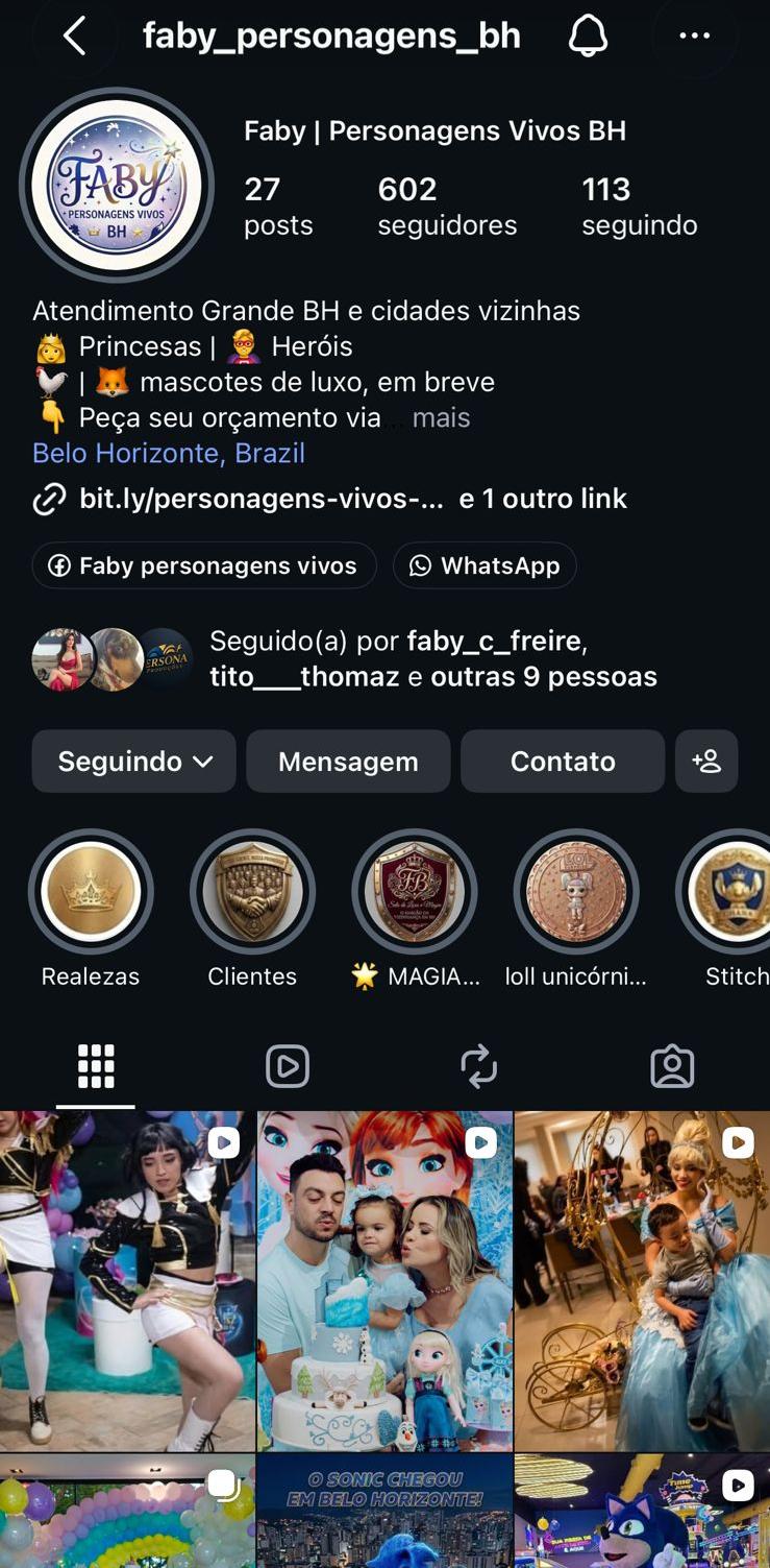 Perfil Instagram Faby Personagens Vivos BH com bio profissional e CTA de orçamento via WhatsApp